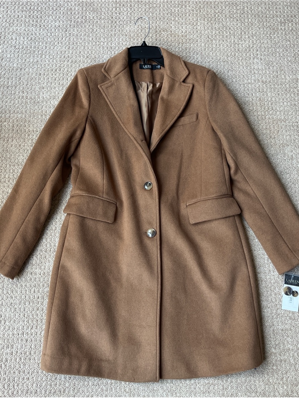 Ralph Lauren Brown Camel Wool-Blend Single-Breasted Pea Coat